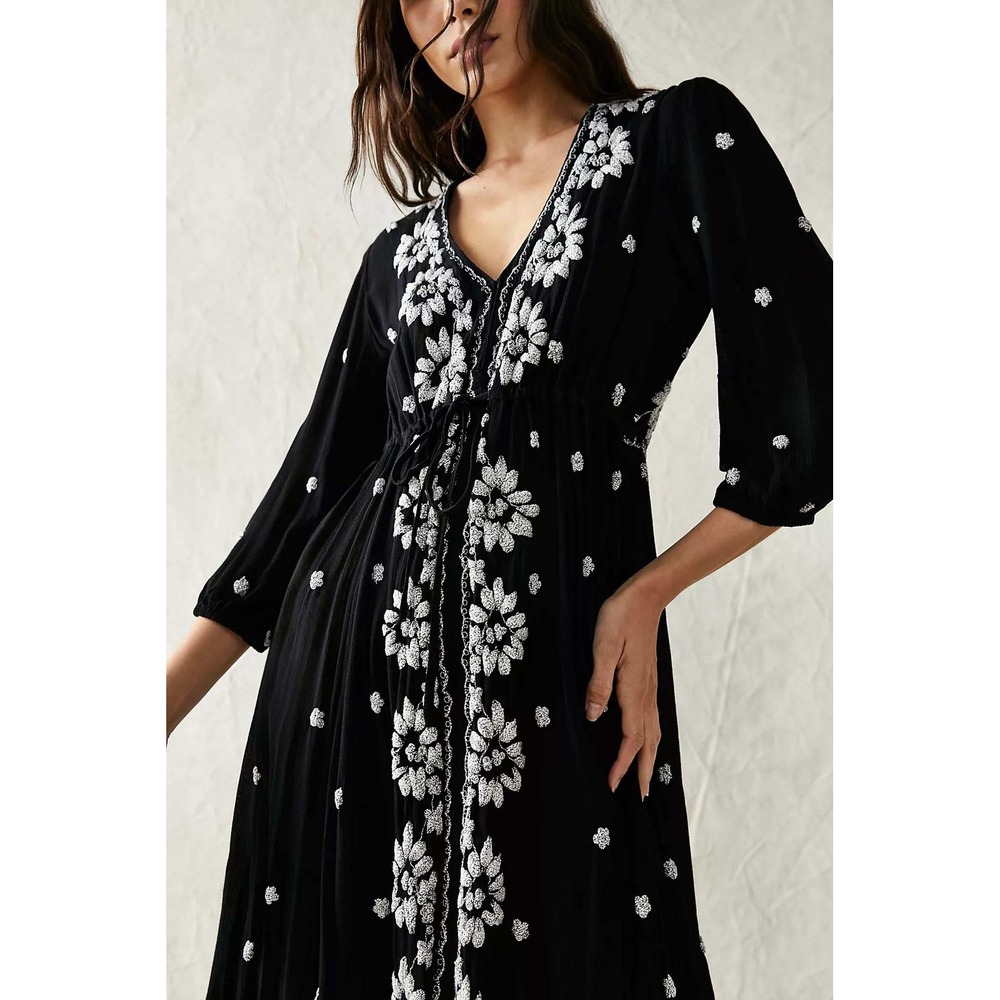 Free People Embroidered Fable Midi Dress Black White Floral Boho V-Neck- Small